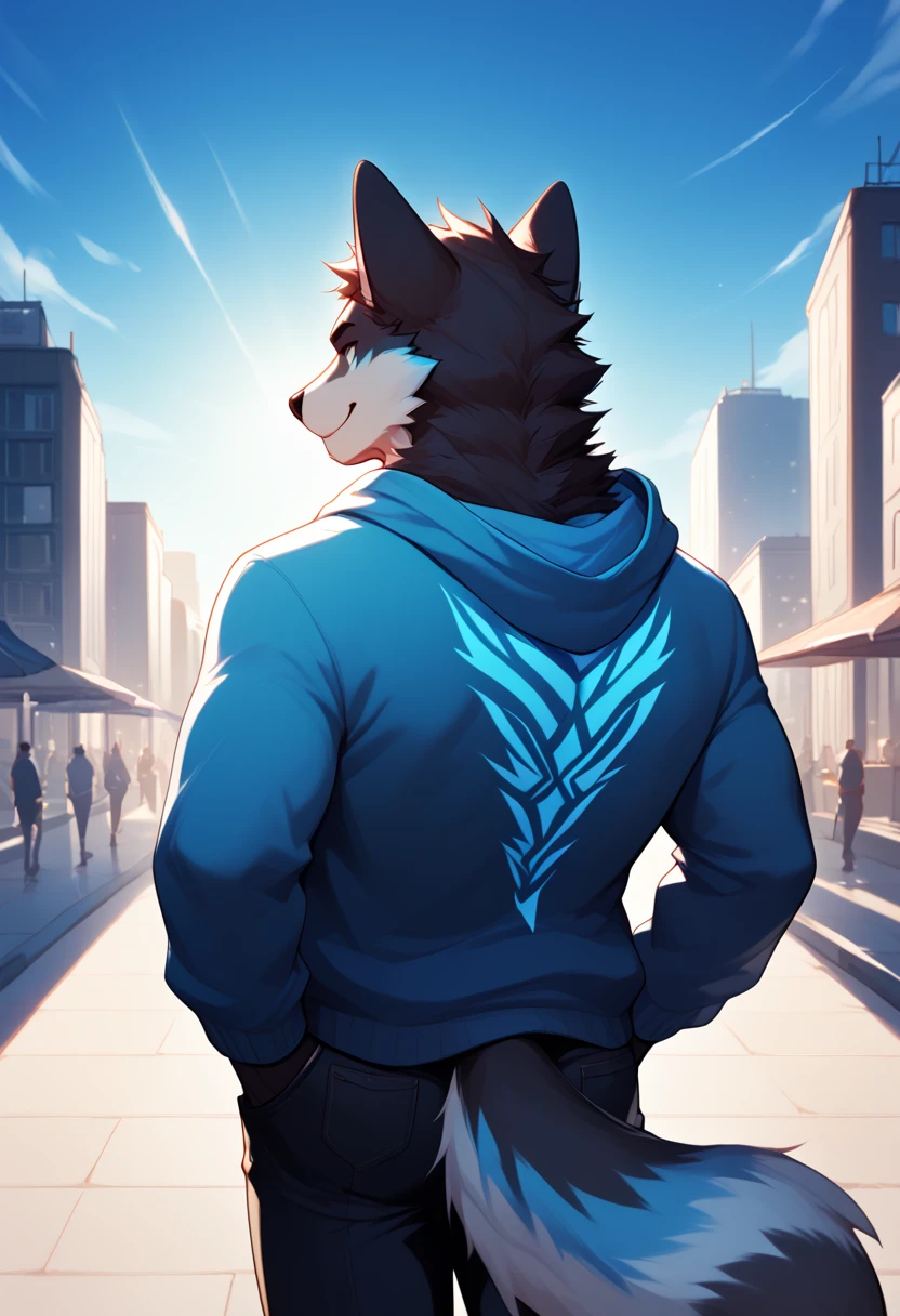 <lora:Azul:1>, azul,furry, mature, male,  portrait, cheerful, positive energy, hand in pockets, (walking:1.05), (motion blur:1.1), (dynamic:1.1), sun rays, new york, (taken by go pro:1.3), city, back view, hoodie down, score_9, score_8_up, score_7_up, score_6_up,