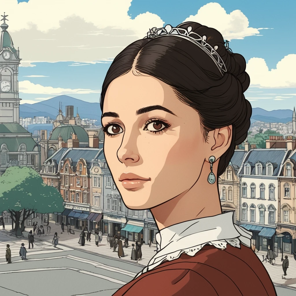 Studio ghibli style illustration of the face of a woman looking at the viewer with a victorian city square in the background,  naxsctt,  <lora:naoscott_juggerX_xl_1_wocap-naxsctt-000080:1>