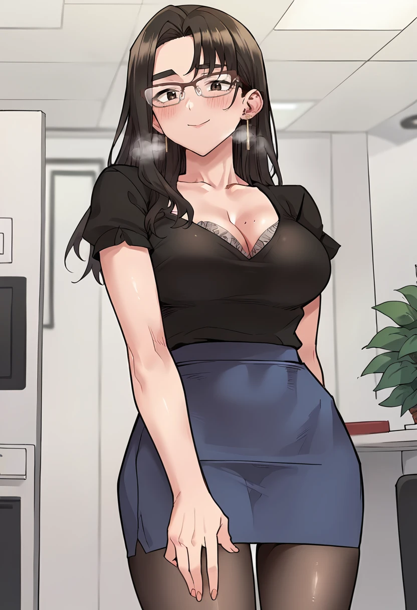 score_9, score_8_up, score_7_up, masterpiece, source_anime, 1girl, ct_yeon, long hair, semi-rimless eyewear, earrings, black shirt, puffy short sleeves, bra peek, blue pencil skirt, black pantyhose, looking at viewer, depth of field, indoors, office, happy, blush, breath, facing viewer,  from below,<lora:SoYeonGoo_Pony_ct:0.9>