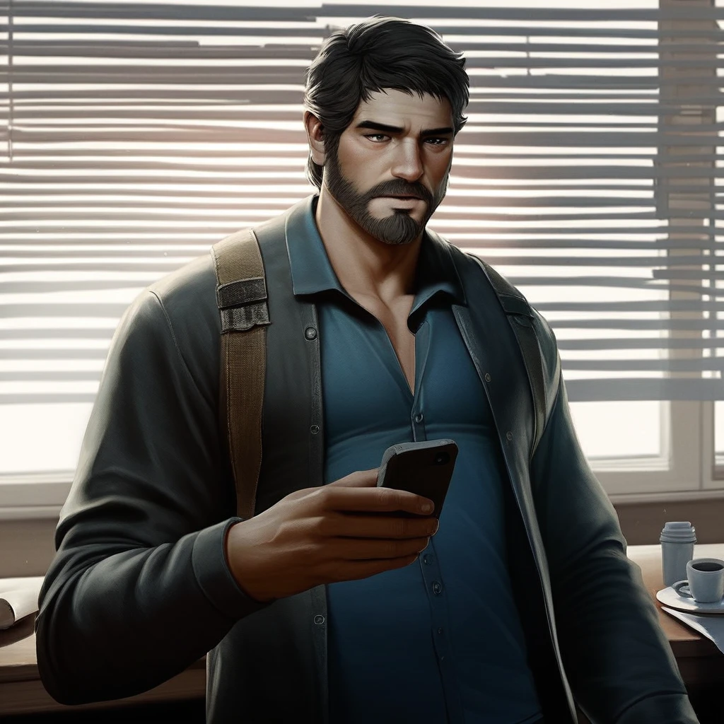 score_9, score_8_up, score_7_up, score_6_up,   Joel-Miller, TLOU, 1boy, solo, short hair, shirt, black hair, holding, jacket, male focus, open clothes, collared shirt, indoors, open jacket, black jacket, cup, black shirt, window, facial hair, phone, blue shirt, beard, desk, realistic, window blinds, office, general