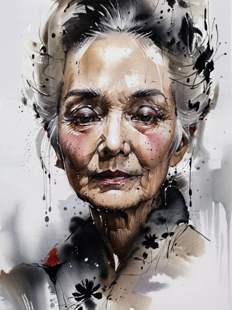 ink painting a portrait of a beautiful old woman with white hair style by RM <lora:russ-mills-style:1>