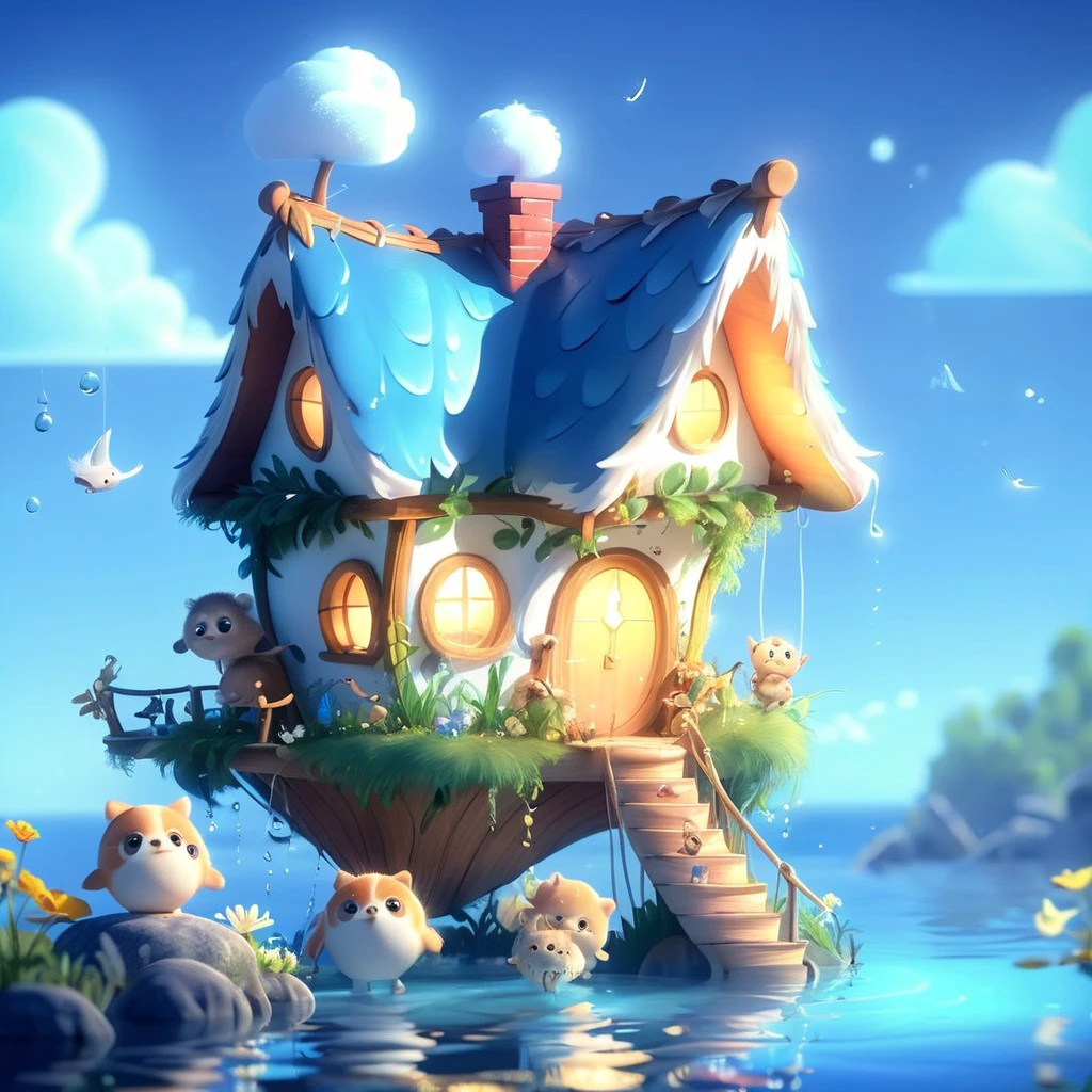 ArsMJStyle, Cute, Chibby, 1boy, holding an animal, standing in front of a floating house.