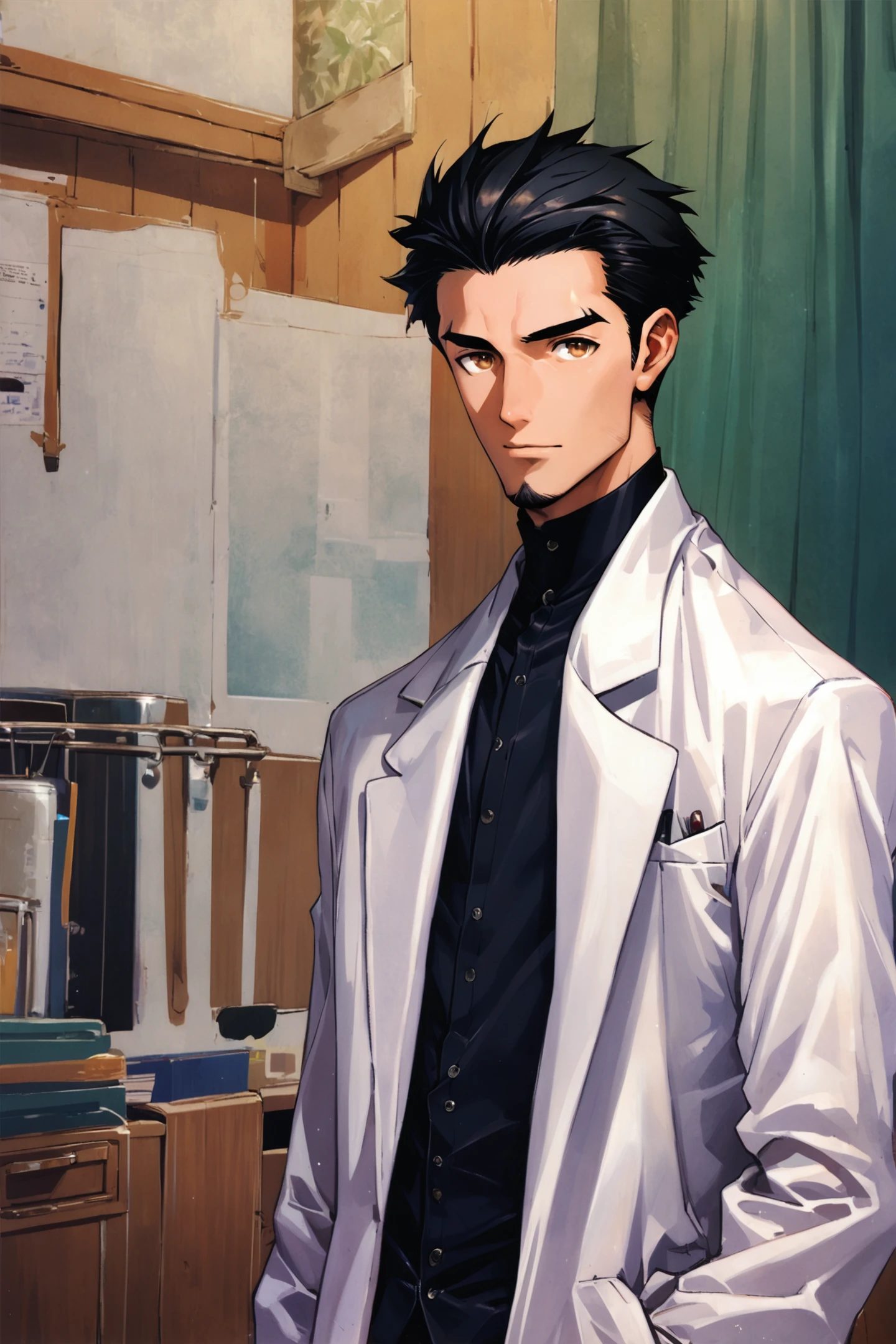 score_9,score_8_up,score_7_up,
okabe rintarou,1boy,solo,labcoat,black hair,short hair,brown eyes,standing,facial hair,looking at viewer,
<lora:huke_XL_PONY:0.9>,