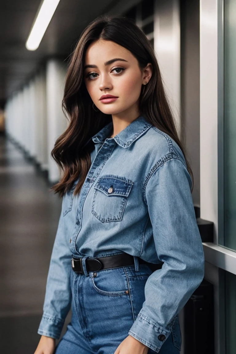 A highly detailed ultra-realistic scene features a model in a classic denim jacket and a white tee sitting on a city rooftop terrace. The model, with lifelike facial features including slight imperfections, gazes thoughtfully over the skyline. The setting sun casts a warm, golden glow over the scene, highlighting the textures of the denim and the casual, trendy clothing that perfectly complements the urban environment. The model's pose is natural, adding to the realism, while the city's architectural details in the background enhance the authenticity of the setting. The overall atmosphere is one of serene contemplation, capturing a moment of quiet amidst the bustling city.