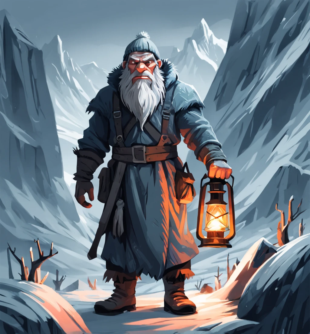 Angst design of a mysterious dwarf venturing through mountains holding lantern, cold, ice