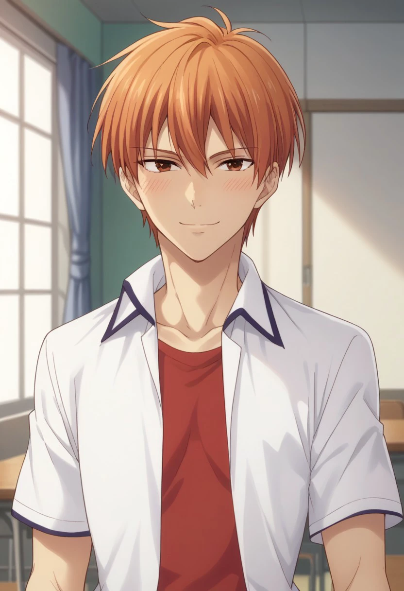 score_8_up, score_7_up, source_anime, highly detailed, 
kyosohma, 1boy, male focus, solo, school uniform, orange hair, brown eyes, shirt, white shirt, collared shirt, open shirt, red t-shirt, short sleeves, jewelry, bracelet, blush, smile, soft smile,
indoor, japanese