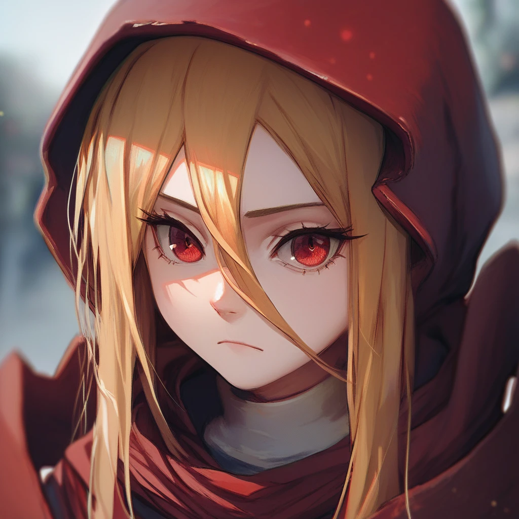 score_9, score_8_up, score_7_up, score_6_up,  Kenos-Fasris-Invern, Evileye, Overlord-LN, 1girl, solo, long hair, looking at viewer, blonde hair, red eyes, hair between eyes, closed mouth, upper body, hood, blurry, blurry background, stuffed toy, hood up, red cloak, general