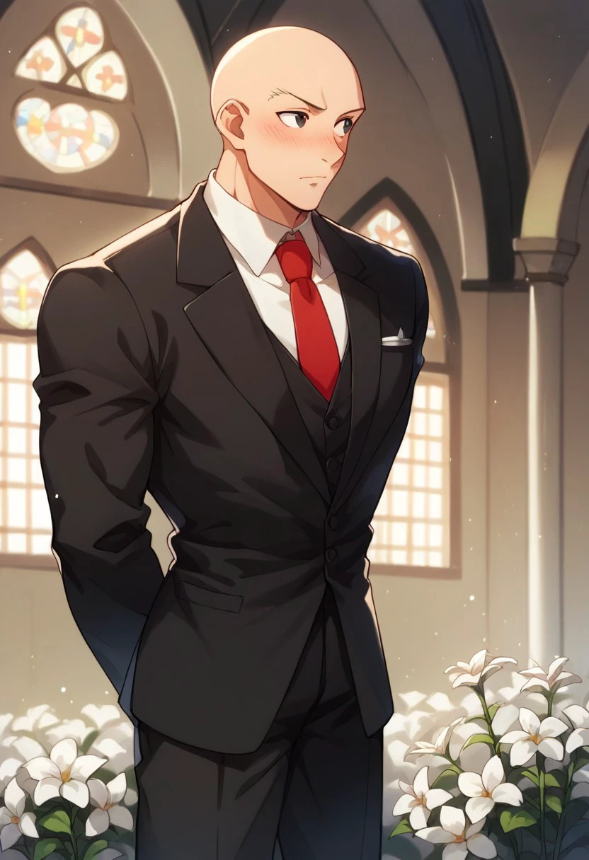 score_9, score_8_up, score_7_up, source_anime, rating_safe, white flowers, Hanunter, 1boy, male focus, bald, black eyes, looking away, blushing, closed mouth, hands behind back, black formal suit, red necktie, indoors church, wedding,