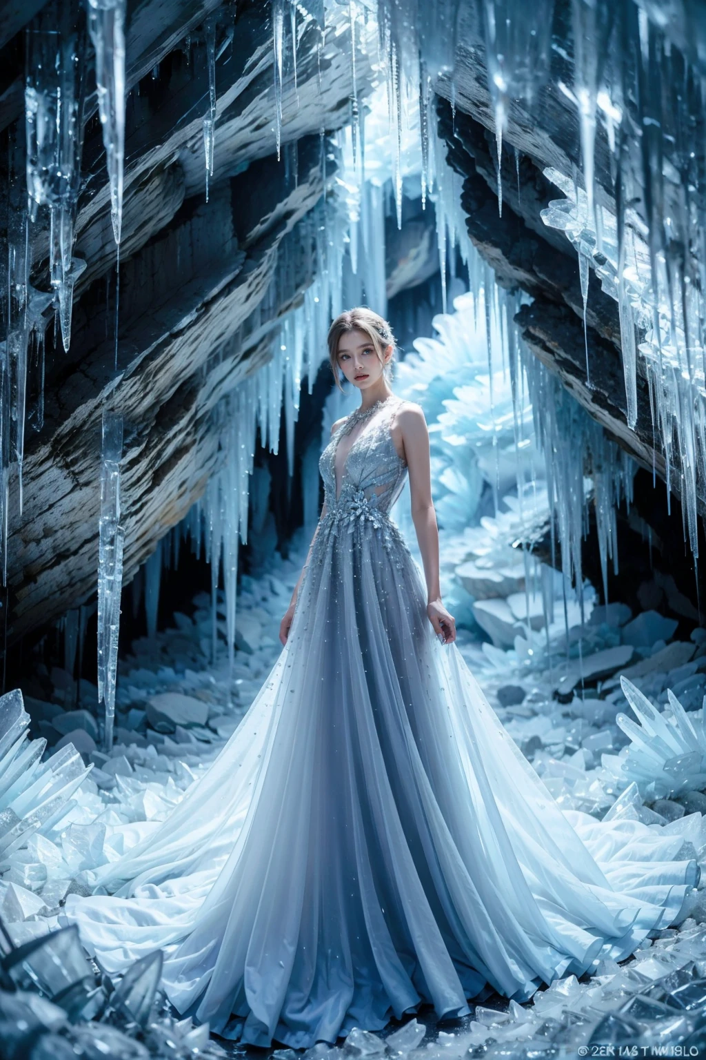 The image is a creative composition featuring a woman in an elegant dress set against the backdrop of an icy cave. It seems to be digitally altered, merging elements of fantasy and fashion photography, ice queen, <lora:JAY - ICE QUEEN:0.8>