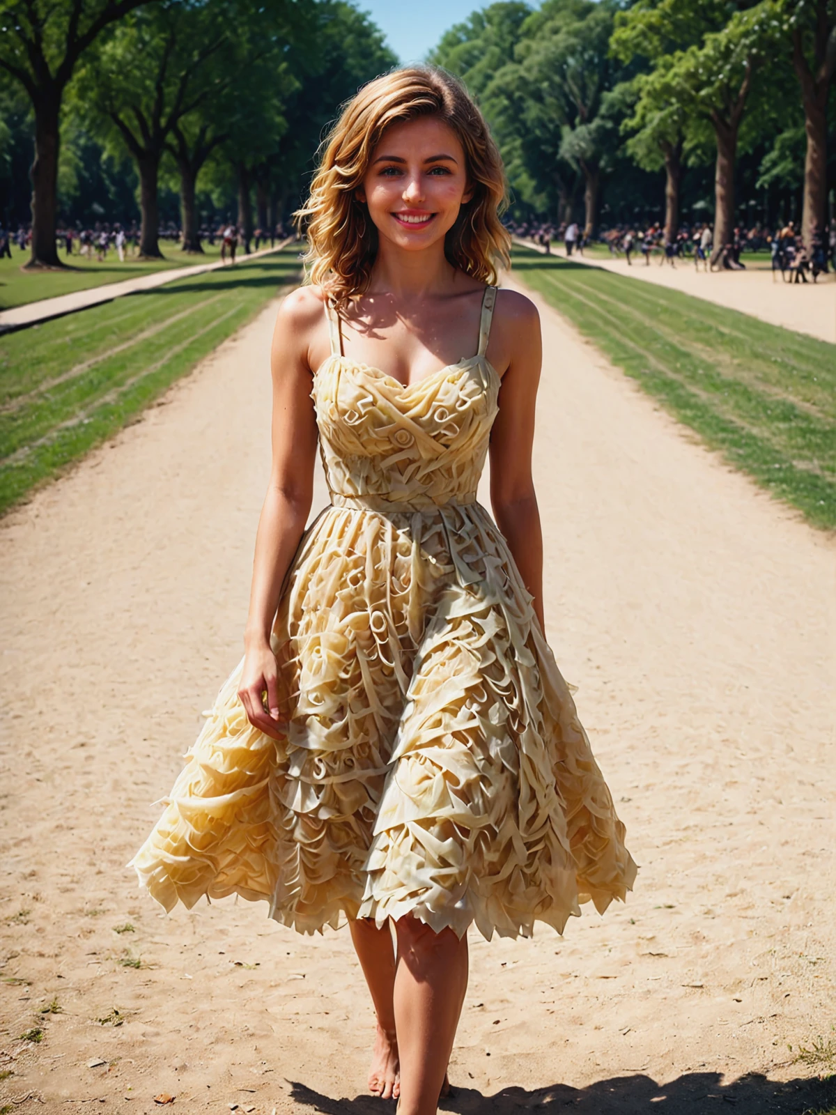 woman wearing  a mad-srkrt sundress walking through a park, light smile, cinematic shot   <lora:Sauerkraut_SDXL:1.2>, (masterpiece:1.2), best quality