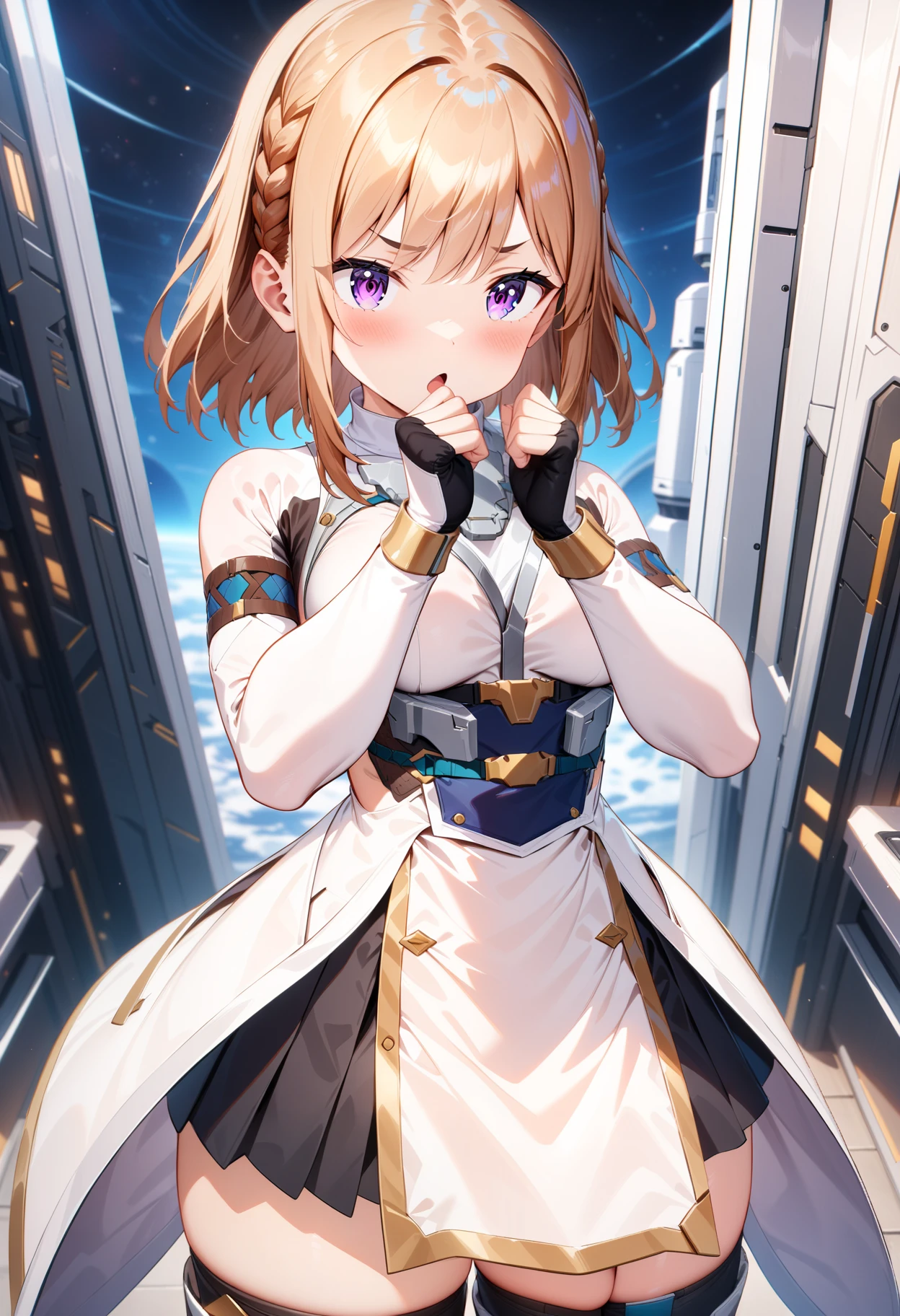 masterpiece,best quality,very aesthetic,absurdres,intricate details,rim light,1girl,
<lora:shiina_V4_6:1>,shiina,futumushi,black thigh boots,<lora:Fixhands_anime_bdsqlsz_V1:1>,
Space Station,starry_sky,light_blush,cowboy_shot,standing,front view,intricate details,light_blush,Space Station,starry_sky,flying,cinematic_angle,looking_at_viewer,:o,(clenched hands, hands on own chin),pov,, masterpiece,best quality, very aesthetic, absurdres, ultra detailed, high resolution, 4k, extremely detailed CG,