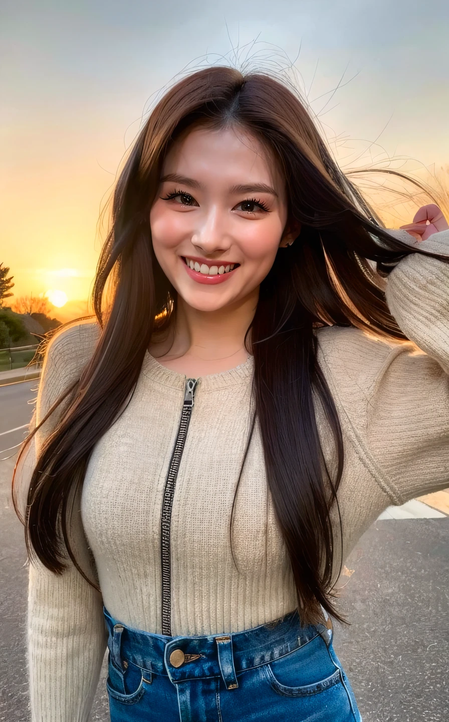 <lora:Sana_V1:1> $@n@, (smiling:1.2),  , (fullbody:1.2),  (realistic), (hyperrealism), (photorealistic:1.4), 1girl,  looking at the viewer, eye makeup, detailed eyes, detailed face, (upper body:1.2), detailed background, walking at the streets, sunset, (windy:1.2)  z1pp3rsw3at3r,, sleeves past wrists, zipper sweater, Denim jeans