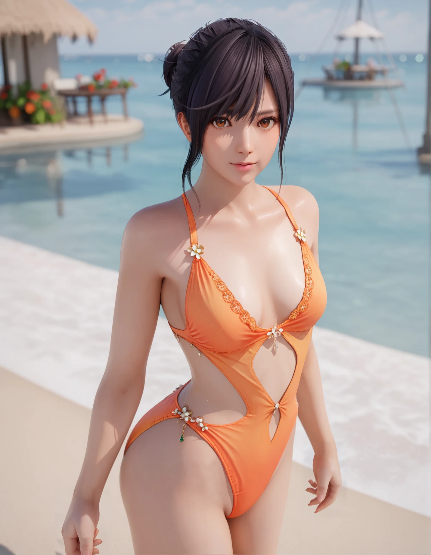 1girl, nagisa (doa), looking_at_viewer, cowboy_shot, single hair_bun, swimsuit, 
outdoors, 
score_9, score_8_up, score_7_up, 8k, masterpiece, best quality, perfect anatomy, very aesthetic, absurdres, intricate detailed, rating:safe