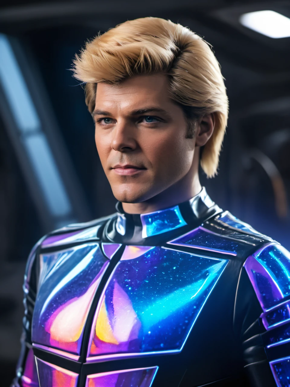 (realistic), (masterpiece),,  <lora:Automan_SDXL:1> man, blonde hair, punk hair, , aut0man, automan, holographic rainbow glowing suit, (beautiful face),style, strong, modern, futuristic workshop, spaceship,, solo