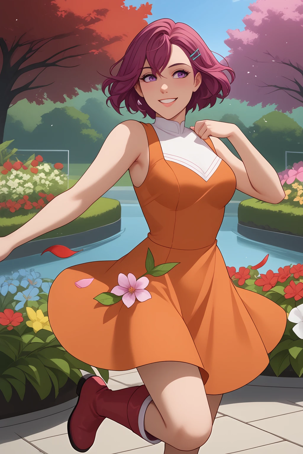 Carla, Magenta Hair, Purple Eyes, orange dress, leaf-like hairclip, white skirt, red boots,
(nsfw), (uncensored), (score_9), score_8_up, score_7_up, source_anime, cowboy shot, dynamic pose, 1 Female, solo, Happy, Smile, Parted Lips, blush, ashamed, shy, sexy, charming, alluring, seductive, enchanting, erotic,
((outdoors)), ((flower garden)), ((flowers)), ((many flowers)), spring petals, petals of flowers, spring, falling petals, flying butterflies<lora:EMS-423241-EMS:0.800000>