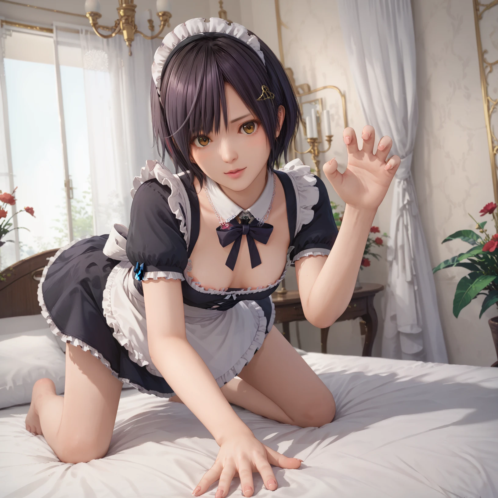 1girl, nagisa (doa), looking_at_viewer, cowboy_shot, slender, maid_apron, all_fours, claw_pose, 
score_9, score_8_up, score_7_up, 8k, masterpiece, best quality, perfect anatomy, very aesthetic, absurdres, intricate detailed, 