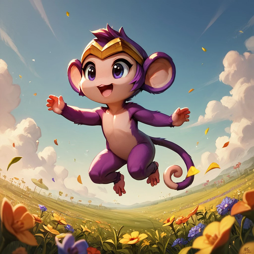 score_9, score_8, score_7, score_7_up, 1girl, monkeyshan, furry, monkey, tail, purple_fur, circlet, multicolored_fur,  smile, field, jumping, open mouth, flat_chest, cute, short, detailed background, flowers, mid-air,