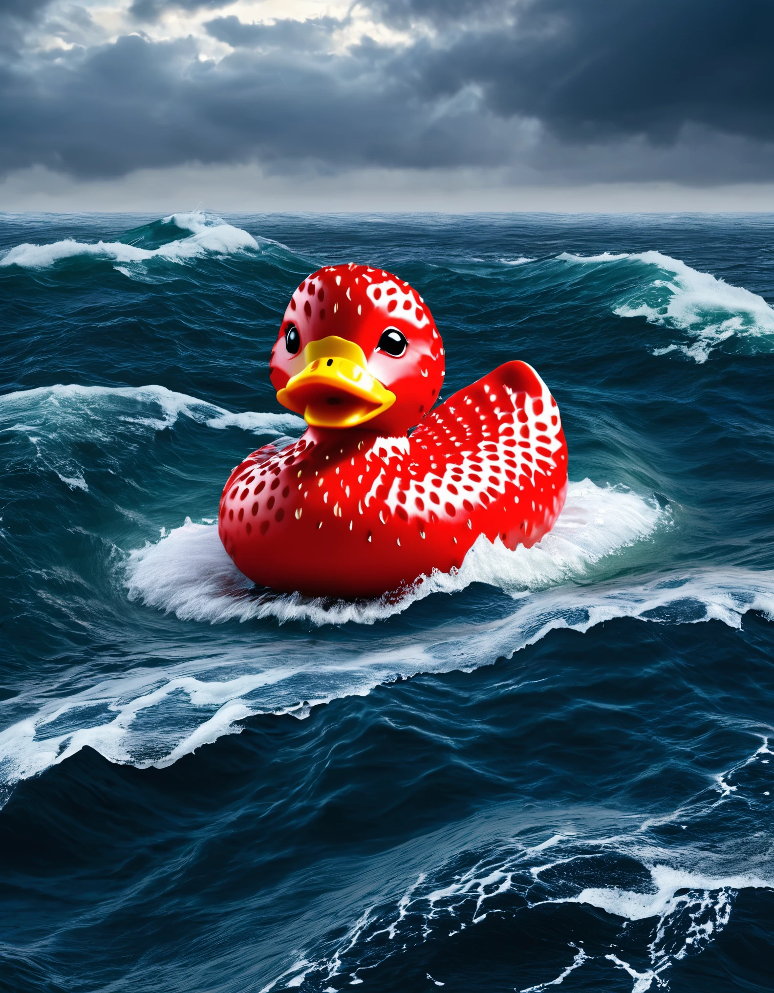 petro-strwberr, rubber duck, swiming in the sea, A dramatic and powerful seascape, crashing ocean waves, stormy sky, turbulent waters, epic scale, cinematic composition, moody atmosphere, dynamic movement, masterpiece
