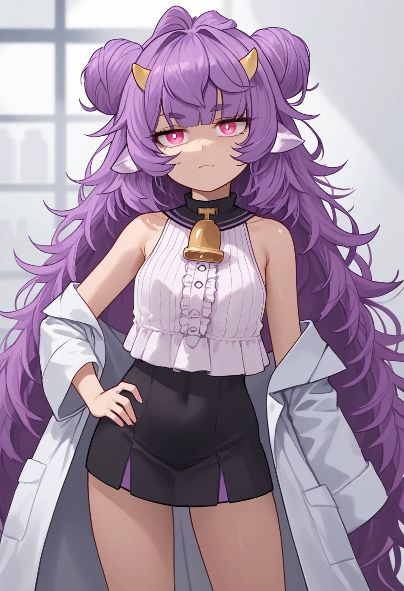 1girl, solo, Muu_Muyu, purple hair, long hair, hair bun, animal ears, double bun, horns, very long hair, pink eyes, bangs, messy hair, neck bell, white shirt, sleeveless shirt, black skirt, lab coat, off shoulder, ribbed shirt, frills, covered navel,
looking at viewer, hands on own hips