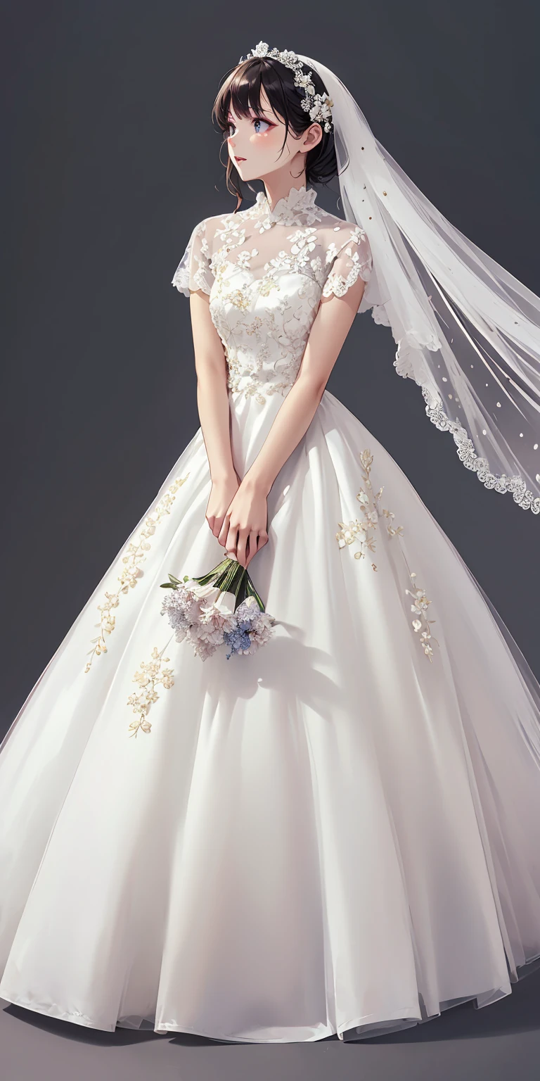 masterpiece,ultra-detailed,best quality,8K,illustration,cute face,clean skin ,shiny hair,girl,simple background , <lora:wedding dress_SD_V1.0:0.8> wedding dress, flower