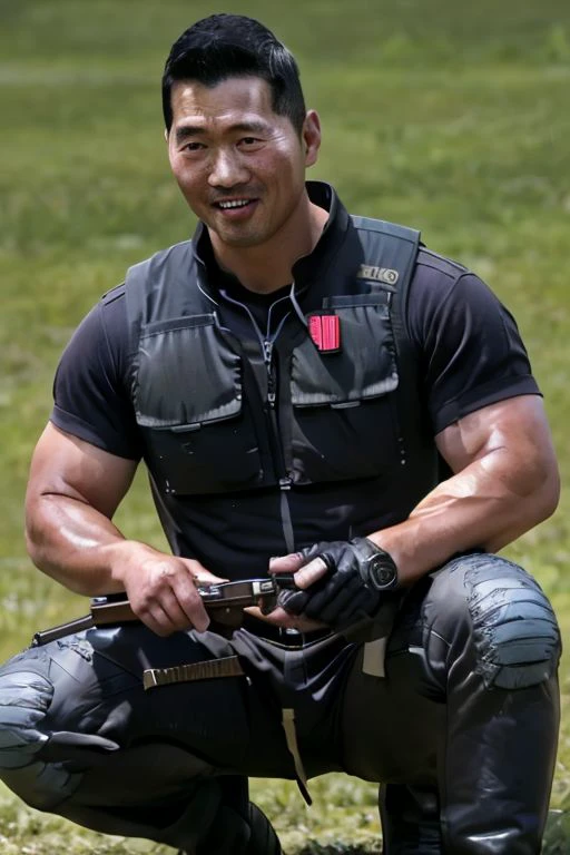 35 year Asian men
,poking nipples,
Focus on face,  zoom in head, closeup head, closeup, zoomin, head focus, focus on head, face only, face focus, pov, closeup face, natural smile,
Photorealistic,realistic, masterpiece, intricate details, detailed background, depth of field, photo of a handsome, remarkable uvula, dynamic pose, sweaty, natural face expression, (((detailed HunterKang face))), fixed Hunter Kang face, big remarkable nipples, east Asian face, big chest, lactation, daddy, MaleShepard,  sexy, wet cleavage , looking at viewer, close up portrait, high detail, baseball cap,belt,boots,bulletproof vest,police uniform,holding weapon,h&k mp5,helmet,holding shield,submachine gun,shield, PolizeiAlpha, police, cop