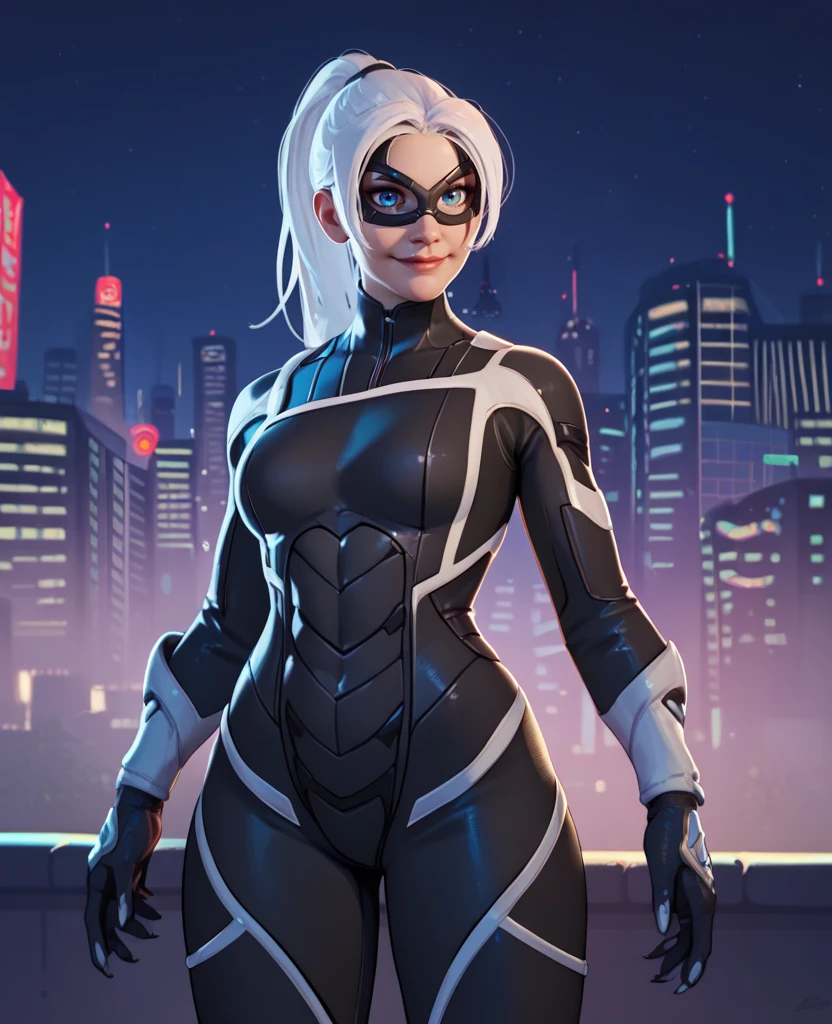 score_9,score_8_up,score_7_up,score_6_up,blckctXL,white hair,ponytail,blue eyes,black  bodysuit,domino mask,light smile,looking at viewer,standing,
gloves,
night,city,<lora:BlackcatXL_r1:0.8>,