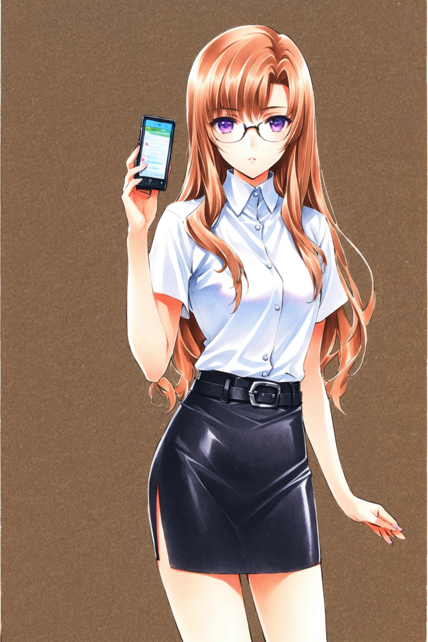 Kiriyu Moeka,1girl,solo,white shirt,glasses,phone,long hair,pencil skirt,cellphone,brown hair,purple eyes,belt,traditional media,standing,looking at viewer,
<lora:huke_XL:0.8>,