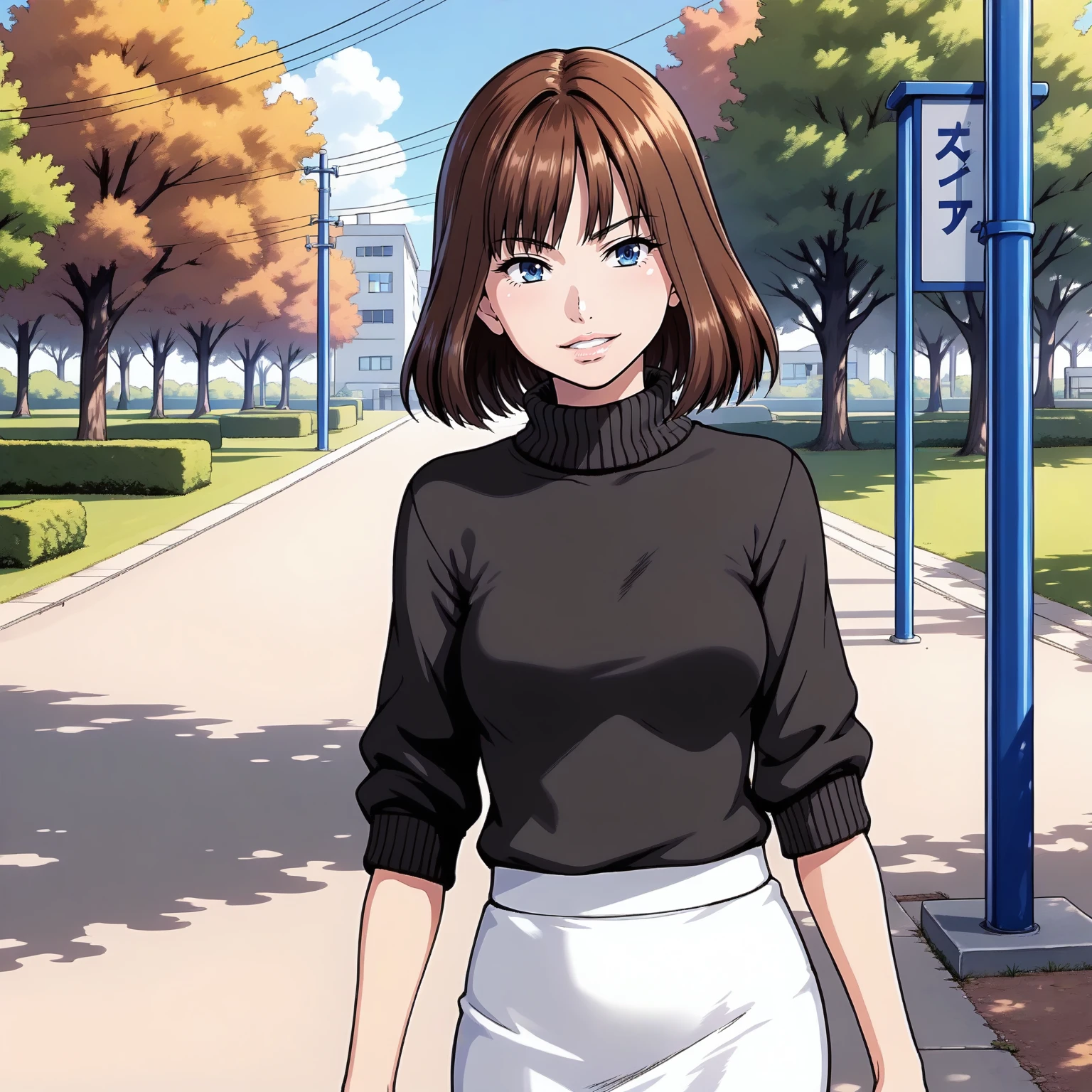 <lora:NBnSd_AiOonoseXLpony001>,
smirk,parted lips,
solo,
AiOonose,1girl,brown hair,medium hair,blue eyes,
turtle neck sweater,black sweater,short_sleeves,pencil_skirt,white skirt,
standing,
outdoors,school,