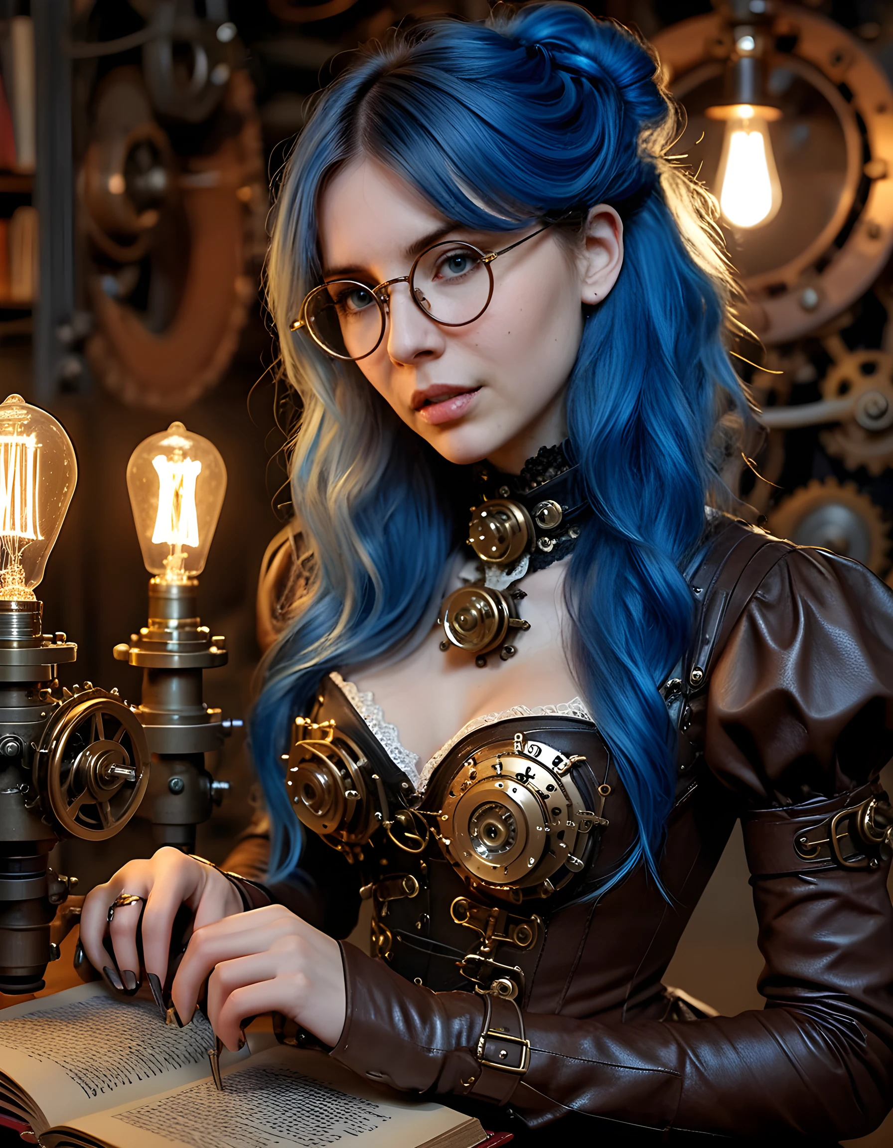 rendered; Octane Render, 4K, Masterpiece, high resolution, absurdities, Natural volumetric lighting and better shadows, highly detailed face, highly detailed face features, smiling, beautiful smile, 2 girls, long hair, breasts, blue eyes, kalap, jewelry, jacket, red hair, boots, pants, necklace, nail polish, orange hair, blonde, eyeglass, corset, curly hair, glasses on head, stripey pants, steampunk, steampunk_costumesultry look, seductive