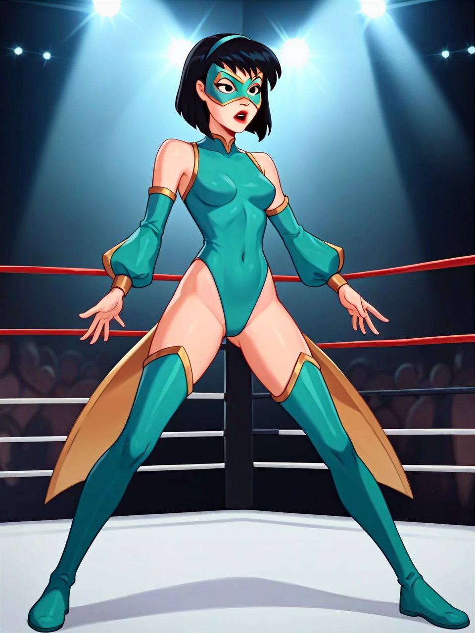 PonyXLV6_Scores, full body, wrestling ring, spotlight, arena, camera flashes, <lora:thriftBTAS_PDXLver:0.8> thriftBTAS, black hair, short hair bob, black eyes, teal hairband, red lips, colorful (luchador mask:1.2), shiny spandex wrestling leotard, gold trim, navel window, thighhigh boots, detached sleeves