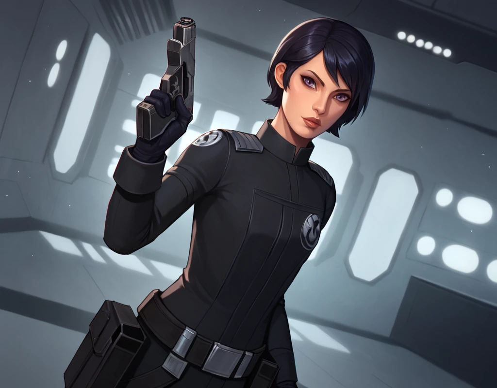 score_9, score_8_up, score_7_up, score_6_up,    <lora:Star_Wars_Sabine_Wren:1> Sabine-Wren, SW-Rebels, 1girl, solo, asian, short hair, gloves, holding, black hair, weapon, belt, holding weapon, blurry, imperial uniform, lips, gun, dutch angle, spacecraft interior, scifi, science fiction, star wars, holding gun, handgun, anime style, sensitive