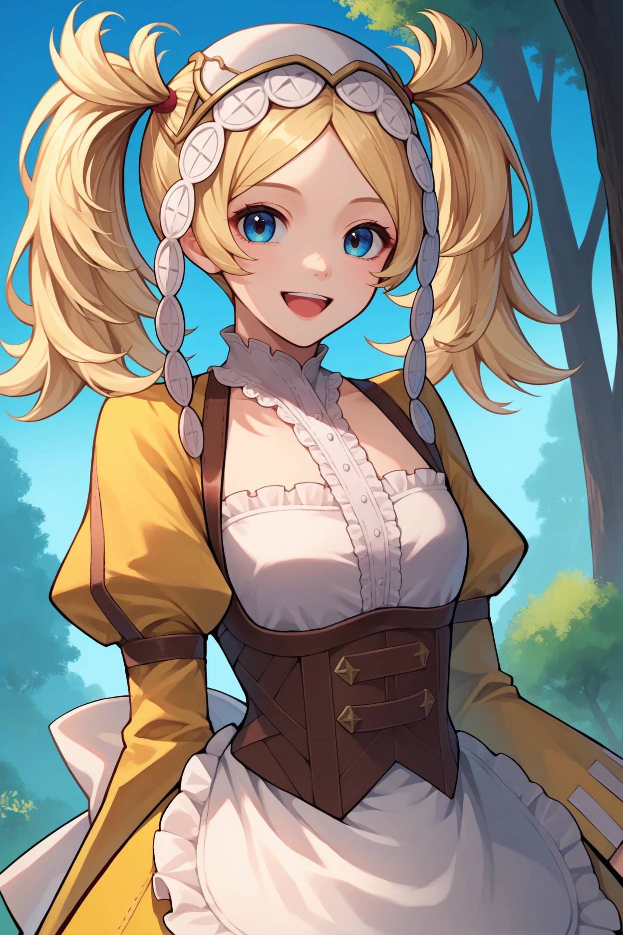 score_9, score_8_up, score_7_up, score_6_up, source_anime, 1girl, solo, <lora:felissa-pdxl-nvwls-v1-000005:1> defLissa, blonde hair, twintails, headdress, yellow dress, center frills, corset, white apron, puffy sleeves, fingerless gloves, upper body, looking at you, happy, blue sky, trees, forest