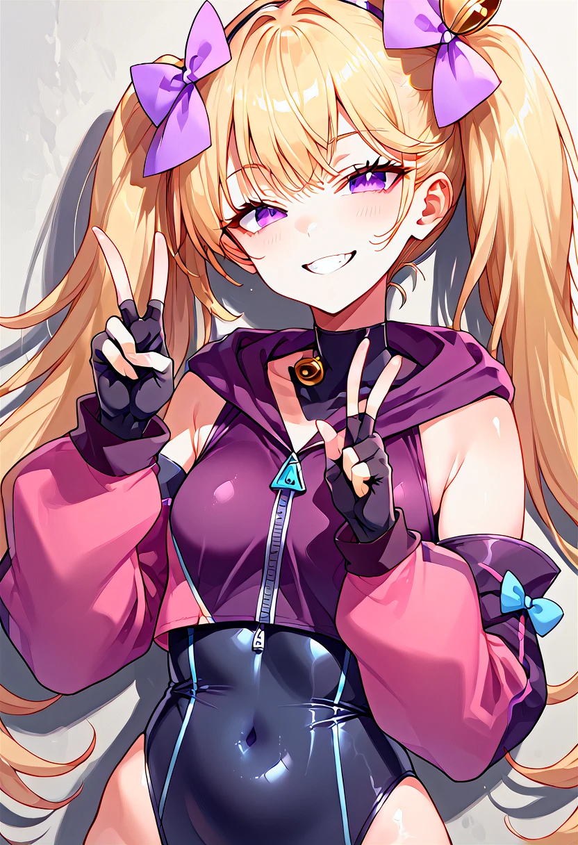 score_9, score_8_up, score_7_up, source_anime, BREAK
<lora:RirinChan_Pony_V2:0.85>ririnchan, purple eyes,
bangs, twintails, very long hair, hair bow, hairband, hair ornament,  purple bow, blonde hair, (Yellow Bell:1.3),
cropped jacket,  hood, hood down, sleeveless, covered collarbone,
puffy sleeves, detached sleeves, bare shoulders, fingerless gloves, sleeves past wrists,
bare shoulders, , gloves, fingerless gloves, black gloves, sleeves past wrists,
smug, smirk, blush, teeth, peace sign, double peace sign,
look at viewer,, full body,,
(Standing contrapposto),
(mature female:1.5), (upper body:1.5),large brests,
bronze background, simple bacground,,