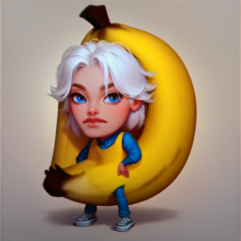 score_9_up, score_8_up, score_7_up, banana costume, banana, full body, avatariya, 1boy, white hair, blue eyes, solo,