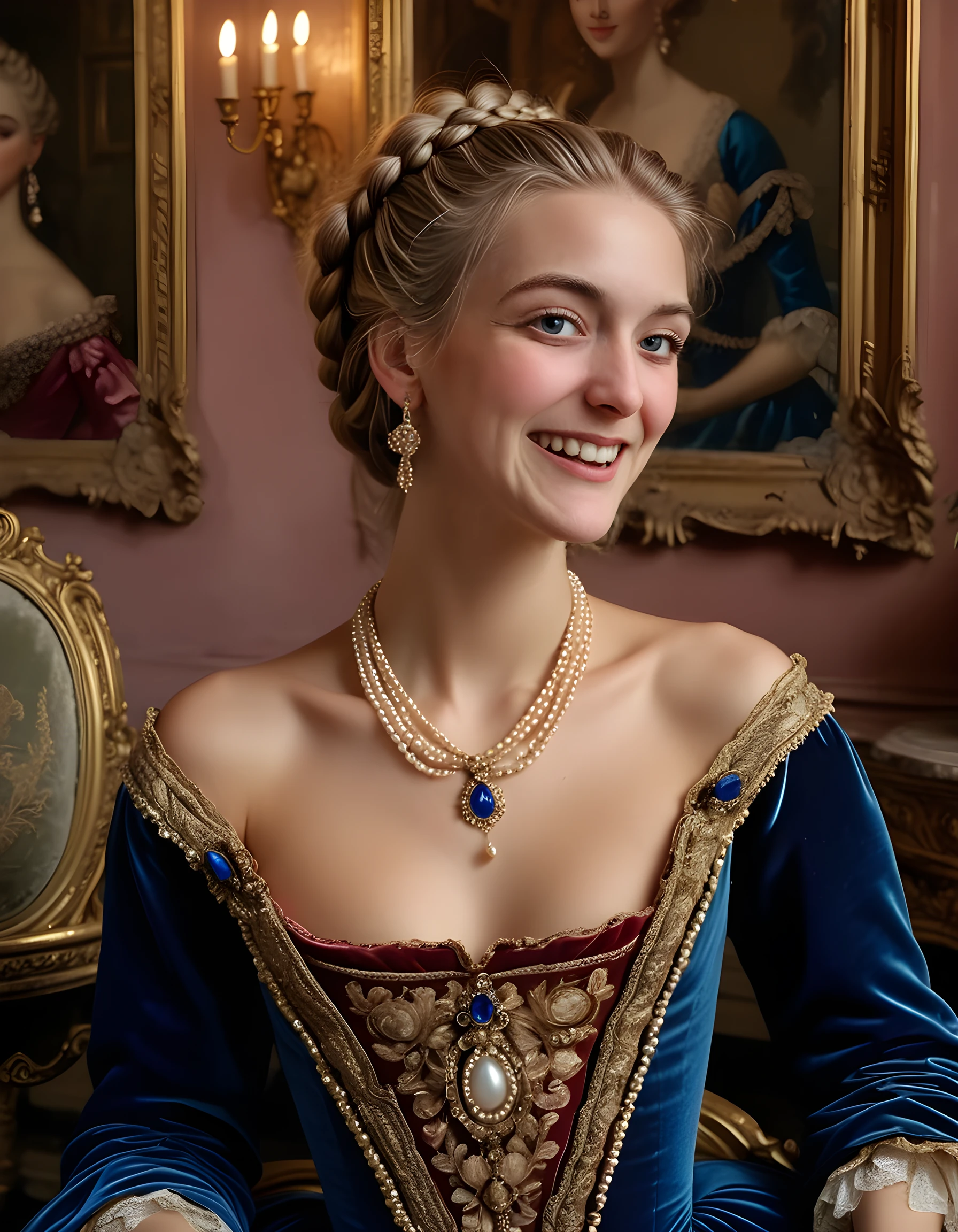 I50B3LH, In a dimly lit, antiquated Parisian atelier, a woman with intricately braided blonde hair cascading down to her waist and adorned in an exquisite 18th-century French silk gown of vibrant blue velvet with gold embroidery, sporting a necklace made of pearls and diamonds, gazes directly at the viewer from her seat on a plush velvet chaise lounge, her lips parted in a warm smile that reveals perfectly white teeth, her eyes sparkling with an air of mystique and allure under the soft glow of a single candle, while golden strands of hair frame her delicate face against a backdrop of dusty rose walls and ornate gilded mirrors.