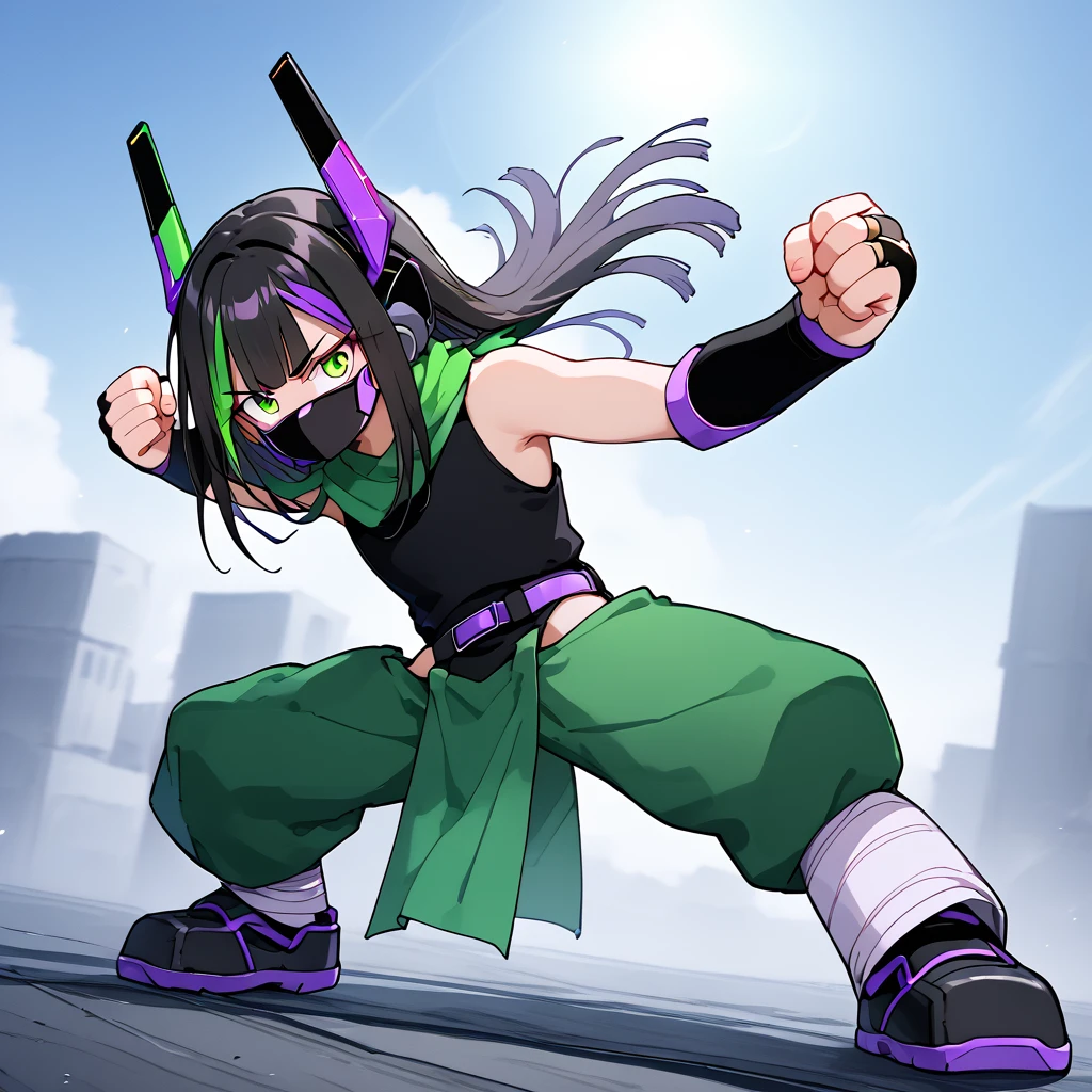 <lora:pixgkb:1> solo, p1x, streaked hair, black hair, green eyes, mouth mask, green pelvic curtain, two-tone pants, brown scarf, sleeveless black shirt, purple belt, purple jewelry, black bridal gauntlets, robot ears, bandaged legs, black shoes,
 <lora:Concept_Pepe_punch_meme:0.8> P3P3_PUNCH, fist