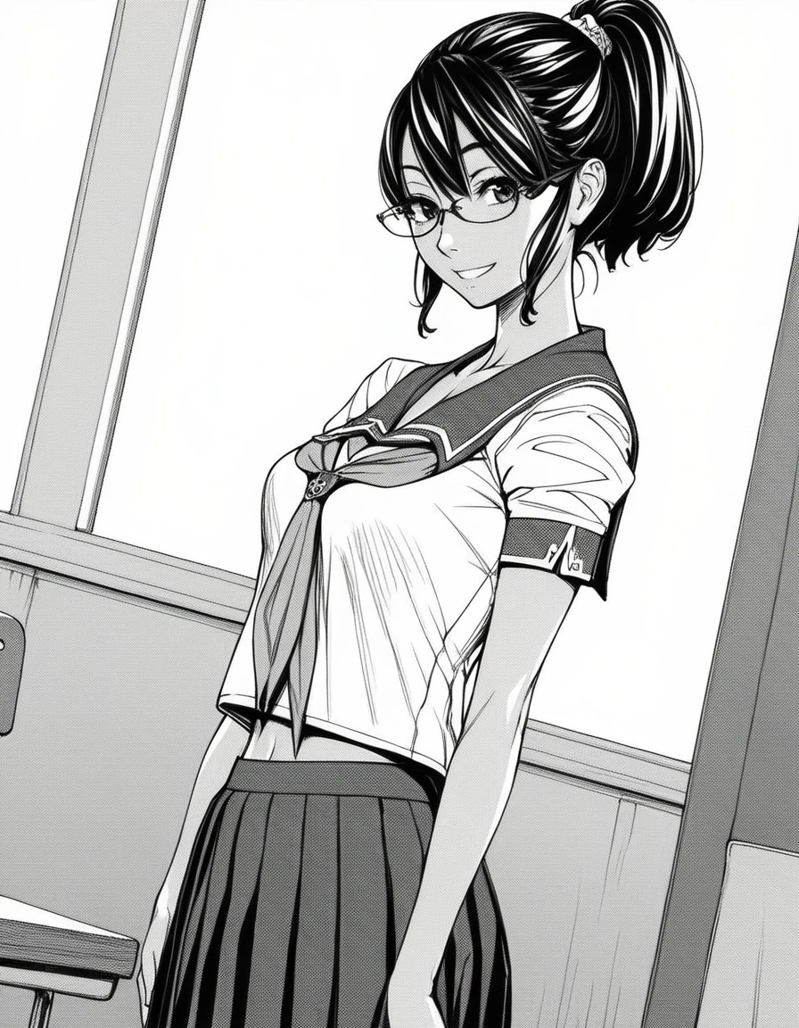 score_9, score_8_up, score_7_up, source_anime, <lora:mika-hayashi-manga-ponyxl-lora-nochekaiser:1>, mika hayashi, glasses, black hair, short hair, ponytail, monochrome, greyscale,, skirt, school uniform, pleated skirt, serafuku, neckerchief,, indoors, smile, looking at viewer, solo,, cowboy shot, dutch angle