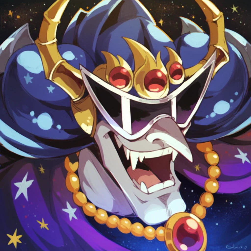 best quality, hires, score_7_up, score_8_up, score_9_up, <lora:Nightmare-03:1>, nightmare, 1boy, male, solo, wizard, cape, stars, armor, pauldrons, starry cape, pointed nose, pronounced chin, horned helmet, regalia, sunglasses, necklace, pale skin, open mouth, laughing, night sky, dark magic