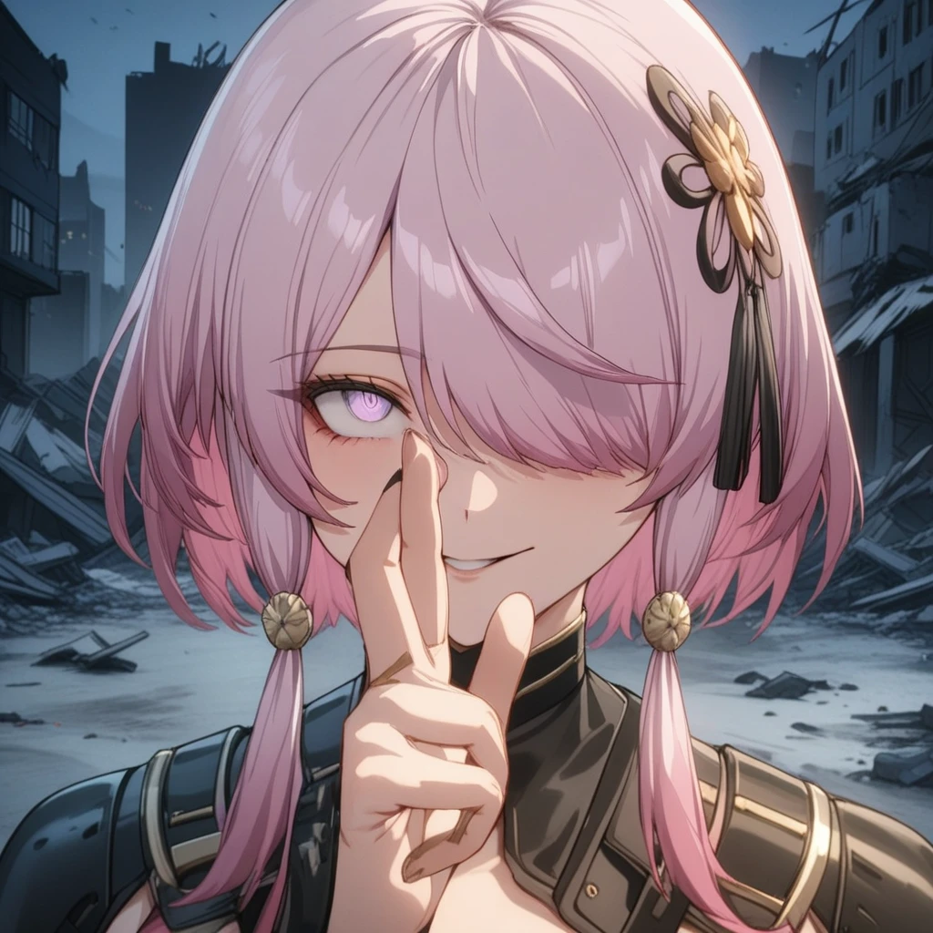 masterpiece, best quality, highly detailed, absurdres, tqaxl, solo, hair over one eye, purple eye, hair ornament, standing, facing viewer, looking at viewer, constricted pupils, smile, portrait, parted lips, close up, face focus, handsign, hand in front of face, destroyed buildings, night<lora:EMS-435550-EMS:0.800000>, <lora:EMS-332324-EMS:0.800000>