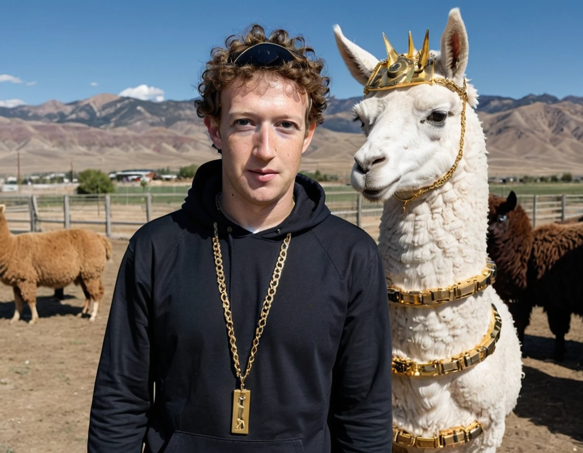 Closeup photograph of mzbrg person, wearing excessive amounts of gold chains, is posing with an electalien artstyle llama in Utah farmland.  <lora:Electric Alien - Trigger is ElectAlien Artstyle:1>  <lora:Mark Zuckerberg -Current day- Trigger is mzbrg person:1>