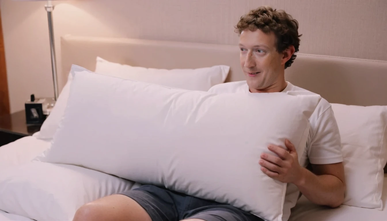 <lora:Mark Zuckerberg -Current day- Trigger is mzbrg person:1>, , Film scene starring mzbrg person   Person, discovering a pillow that, when slept on, teleports them to a world ruled by sentient cushions, emphasizing the power of comfy kingdoms.