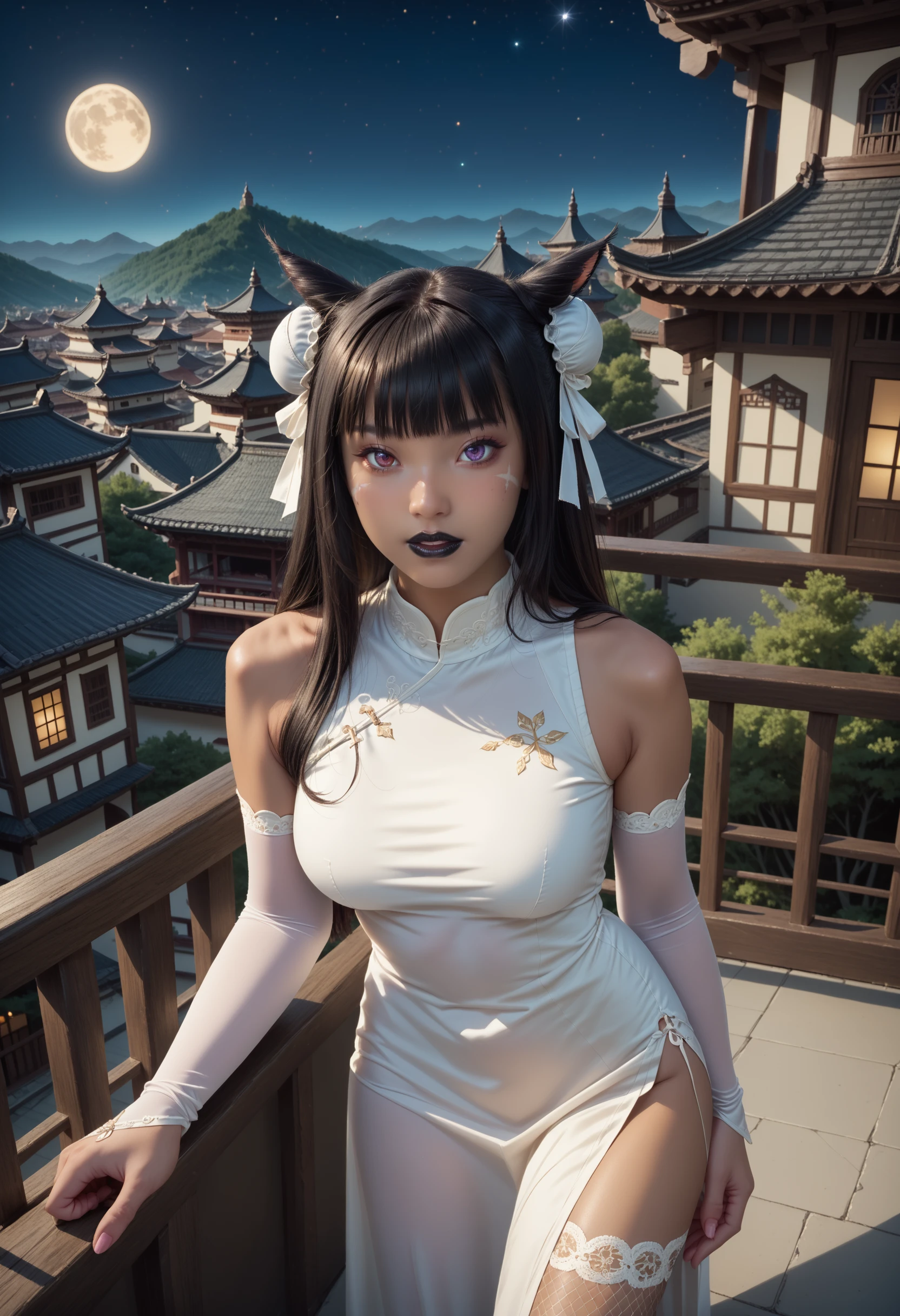 score_9, score_8_up, score_7_up, 1girl, <lora:RealisticAnime:1> (ultra realistic, 32k, masterpiece:1.2), (high detailed skin:1.1), (high quality:1.1),
east asian architecture,  Castle, balcony, night, village, starry sky, full moon,
<lora:Armet_Daraco_Dawntrail:1> armetdaraco, dark-skinned female,  miqo'te, black lipstick, long hair,sidelocks,  black hair, mole under eye, facial mark,  heterochromia, purple eyes, red eyes, tail, medium breasts, (double bun:1.3), 
China dress, fishnet thighhighs, high heels, pelvic curtain, miniskirt, bridal gauntlets,