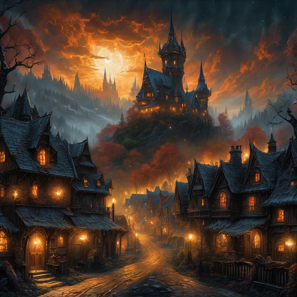 <lora:SS02ImpressionisticPainting_Hap_XL:1>,Thomas Kinkade style, (Ink illustration on parchment). A futuristic The city of yharnam, bloodborne, oil painting, done with japanese brush technique, realistic, extreme detail, scary, terrifying, dark and warm environment, 8k, masterfully stylized, by Jeff Easley and Terry Redlin (zavy-mthcl:1.3), alien landscape ,Spectacular auroras dancing across the heavens, Quaint villages nestled in verdant valleys , alien flora, Chiaroscuro,,, surrealist, horror, trending on artstation, digital painting, painterly, concept art, smooth, illustration, clean ink detailed line drawings, cell shaded, 4k, tone mapping, doll, akihiko yoshida, james jean, andrei riabovitchev, marc sim