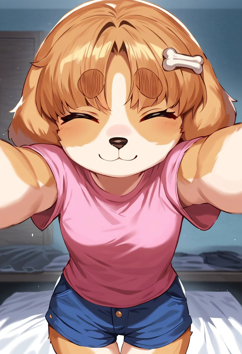 Solo, 1girl, female, young, small body, shortstack, cute face, furry, dog ears, dog tail, dog girl, small breasts, body fur, bone hair ornament, brown hair, closed eyes, animal nose, bangs, thick eyebrows, short hair, detailed eyes, detailed skin, detailed eyes, perfect face, happy, big smile, BREAK pink shirt, sleevess shirt, short shorts, blue shorts,  BREAK head up, incoming hug, bedroom, indoors, colorful, looking at viewer, size difference, BREAK ((ultra-detailed)), ((best quality)), ((best quality)), ((beautiful eyes)), ((extremely detailed)), 4K, (8K), best quality, (beautiful), Master piece, highres, score_9, score_8_up, score_7_up, score_6_up, score_5_up, score_4_up, colorful, best quality, official art, highres, masterpiece, nai3, god light, detailed background, high quality background,