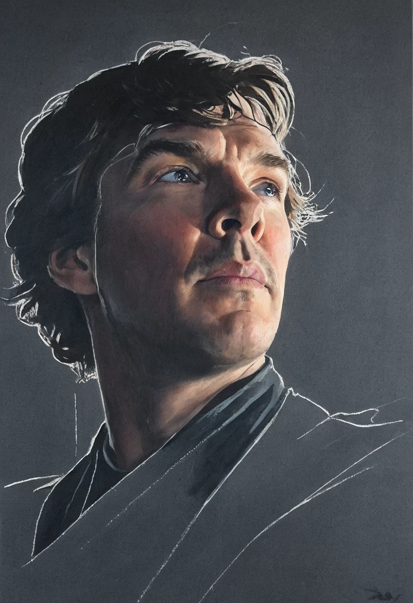 #pastel, #dry chalk drawing, #chalk on paper, #chalk shading, #chalk drawing, #tinted paper, #colored chalk drawing, #chalk shading, Poster, close-up,July: Detective ""Sherlock Holmes"" British actor Benedict Cumberbatch solves the mystery. #colored chalk drawing, art by Mora, Andre Cohn, Arthur Bordalo, Bob Ringwood, Benedict Bana