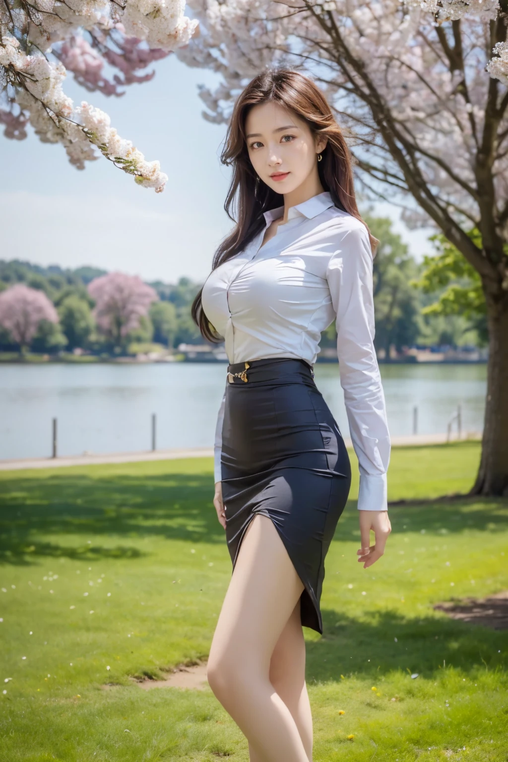 Realistic,best quality,masterpiece,8K,HDR,RAW,A pretty girl,seductive expression,charming,sex,1girl,((solo)),(standing),huge breasts,(lakeside,in spring,park),(looking at viewer,),<lora:add_detail:0.6>,<lora:GoodHands-beta2:1>,<lora:ENNE åå¡ç­è£+è¡¬è¡«_v07:1>,skirt,shirt,