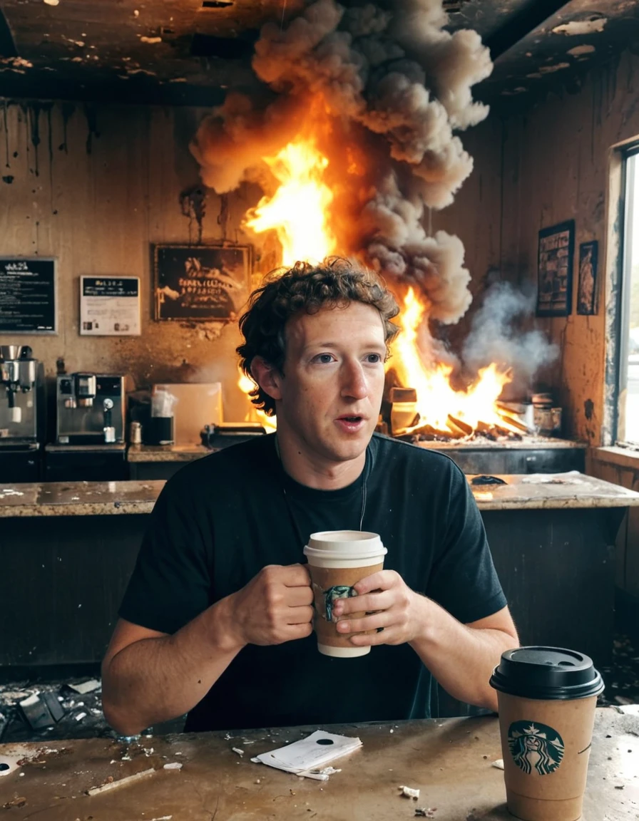 <lora:Mark Zuckerberg -Current day- Trigger is mzbrg person:1> Closeup photograph of mzbrg person drinking coffee inside an (abandoned:1.5) starbucks coffee shop.  the old counter is on fire, explosion artstyle.  <lora:Explosion Artstyle - Trigger is Explosion Artstyle:.5>