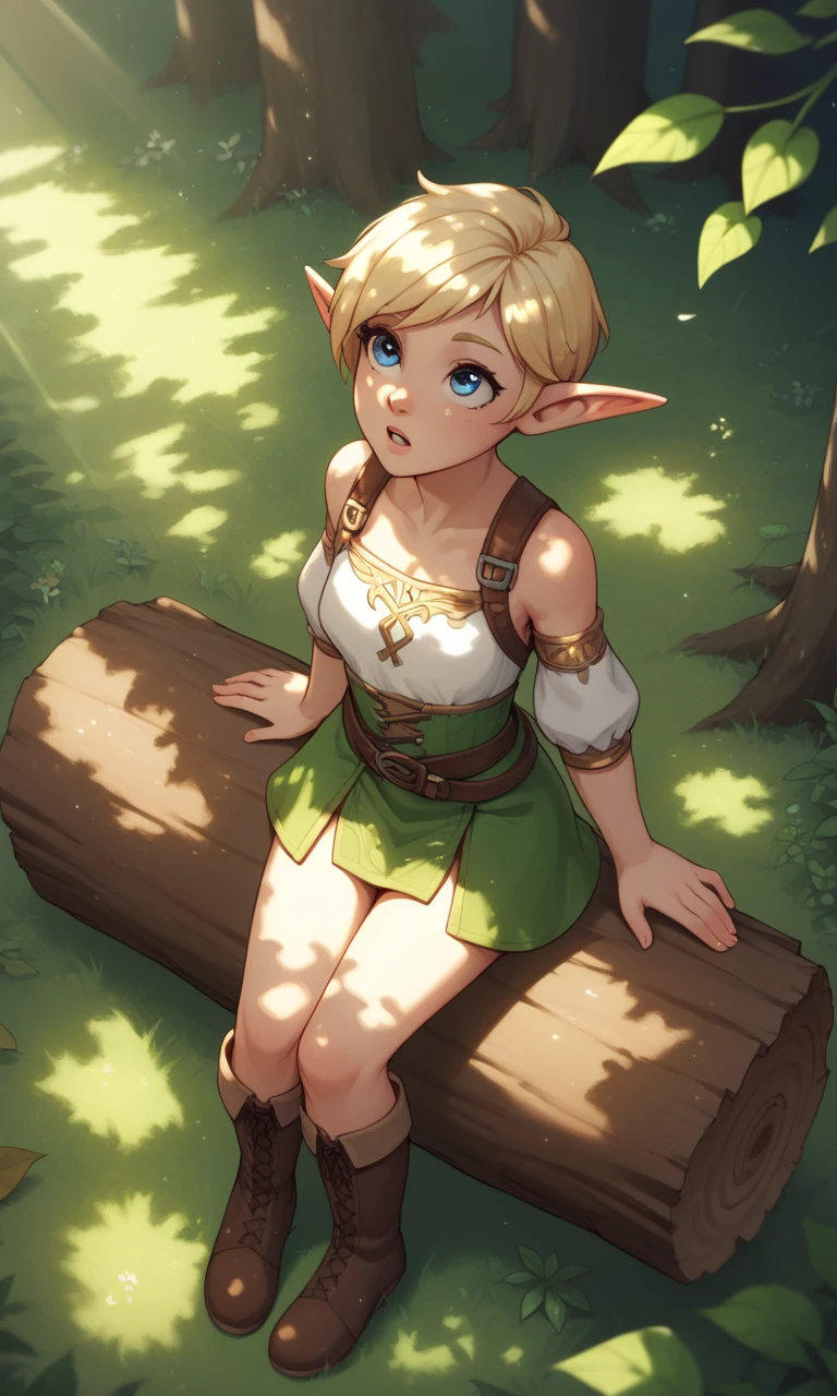 score_9, score_8_up, score_7_up, score_6_up, score_5_up, score_4_up, BREAK, 1girl, solo, elf girl, elf ears, pixie, sitting on log, forest, blue eyes,from above,looking up,ground,blonde hair,(dappled sunlight)1.2,blurry,depth of field, boots,leaf