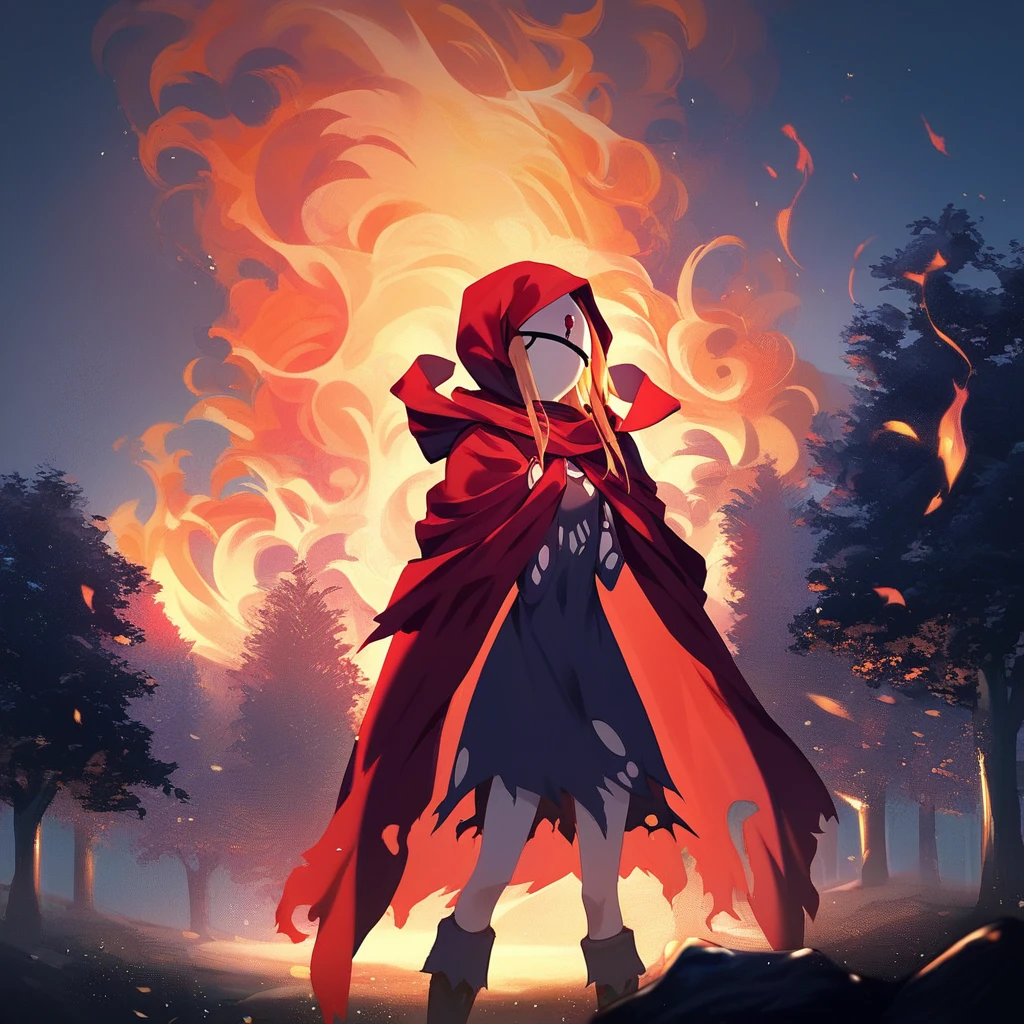 score_9, score_8_up, score_7_up, score_6_up,  Kenos-Fasris-Invern, Evileye, Overlord-LN, 1girl, solo, long hair, blonde hair, dress, outdoors, sky, hood, cape, tree, torn clothes, night, fire, cloak, hooded cloak, red cloak, sensitive