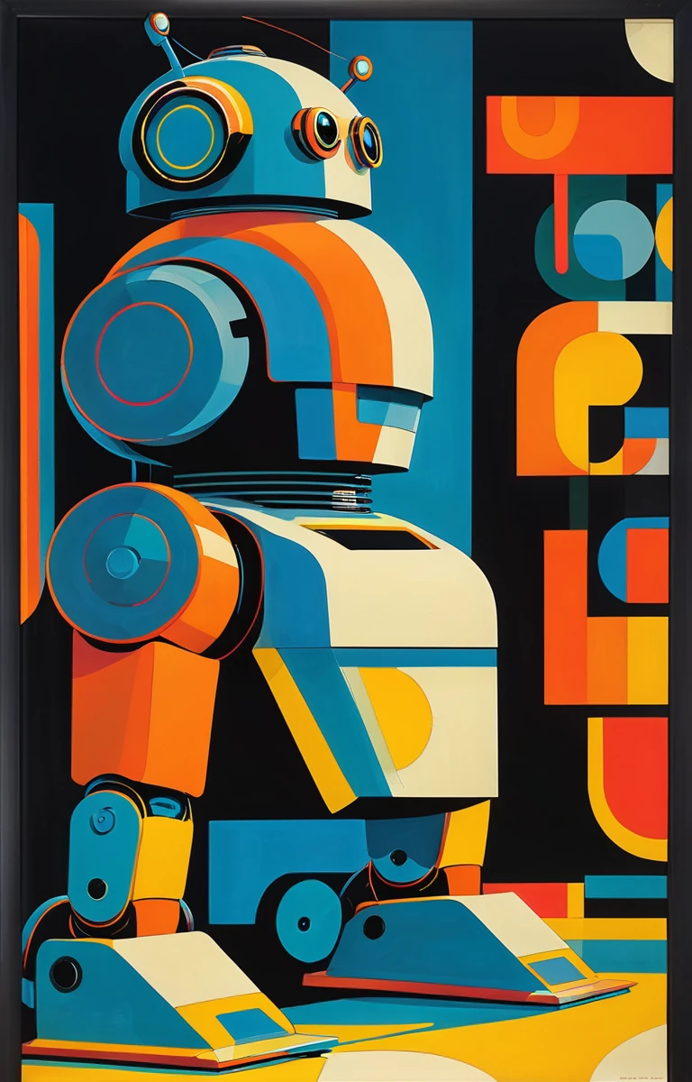 masterpiece,best quality,<lora:tbh368-sdxl:0.6>,illustration,style of Milton Glaser portrait of Housework robots